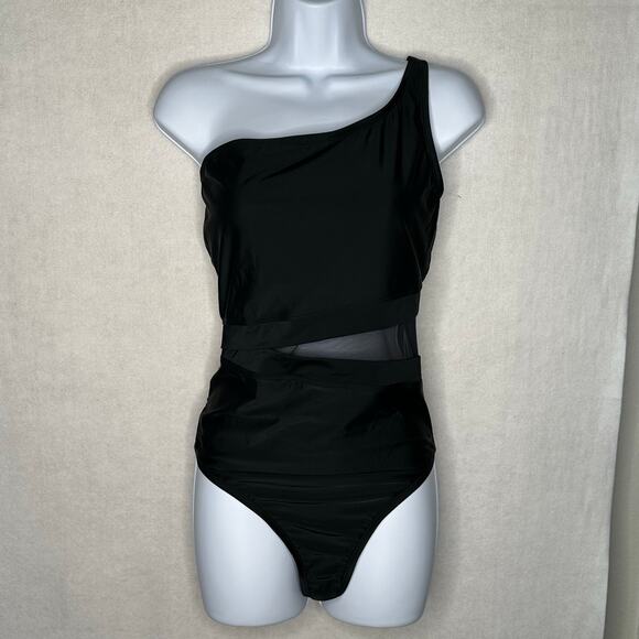 Bleu Rod Beattie Black One-Shoulder Mesh Panel One Piece Swimsuit Size 14 New - Picture 4 of 12